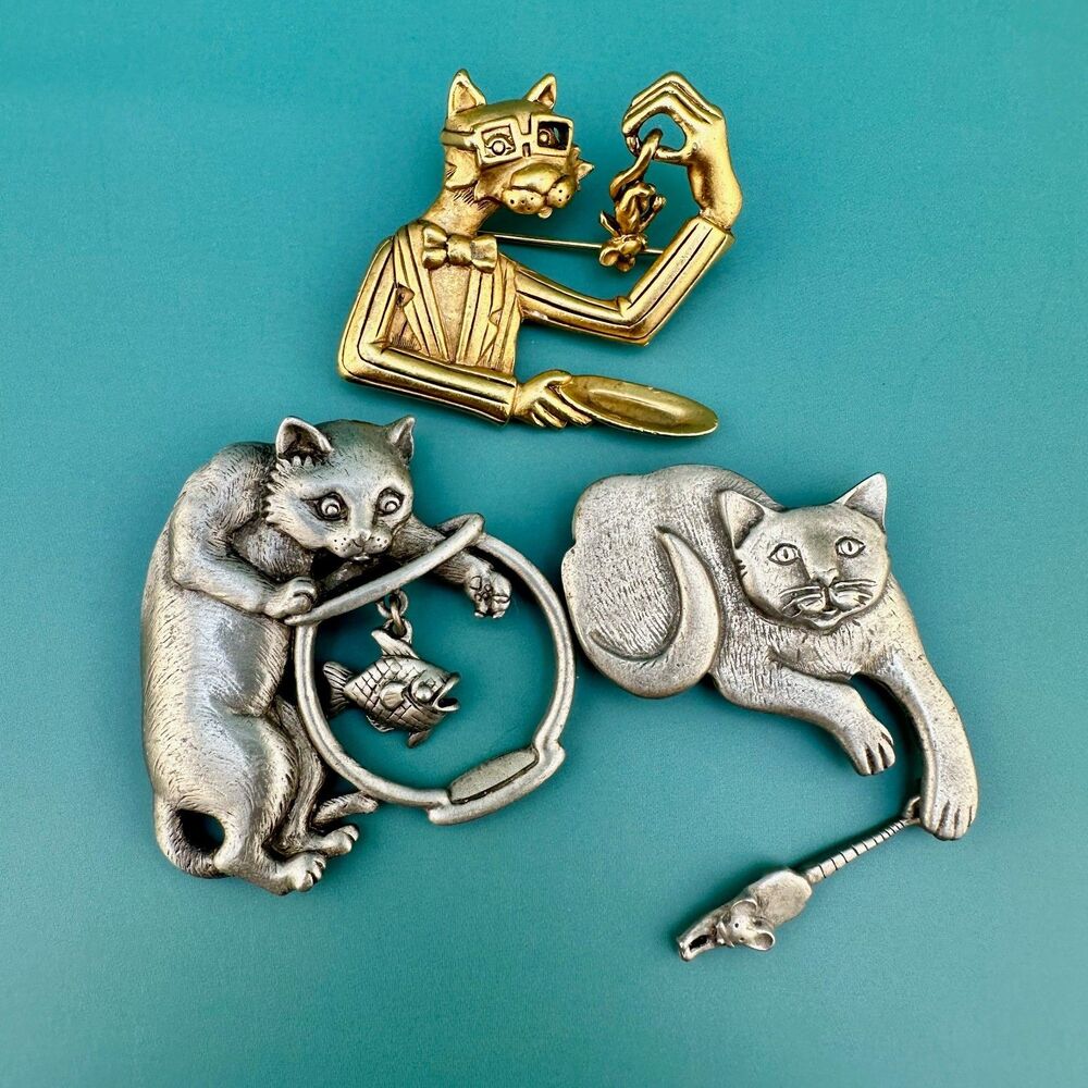 Vintage Cat Brooch Lot Silver / Gold Tone Whimsical Mischievous All Signed